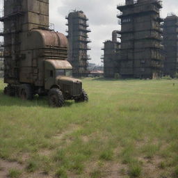 Grass in a Dieselpunk city: resilient, sparse patches amidst diesel-based machinery and structures, often tinged with a grimy hue due to industrial activity and retro-futuristic atmosphere