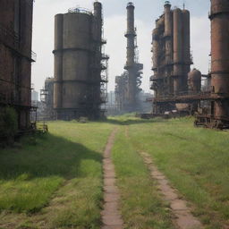 Grass in a Dieselpunk city: resilient, sparse patches amidst diesel-based machinery and structures, often tinged with a grimy hue due to industrial activity and retro-futuristic atmosphere