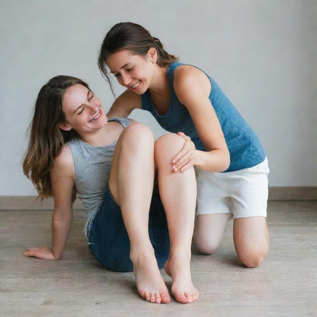 A young adult woman playfully placing her feet on a resting boy's head