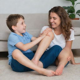 A young adult woman playfully placing her feet on a resting boy's head