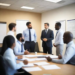 Generate an image of a team meeting led by Dr. Jonathas in a professional setting.
