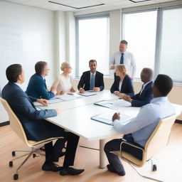 Generate an image of a team meeting led by Dr. Jonathas in a professional setting.