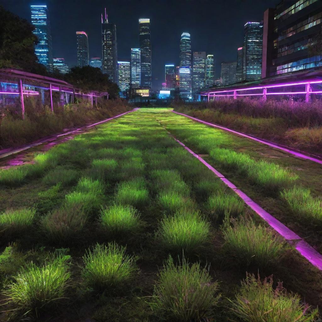 Grass in an Electropunk city as vibrant patches emitting neon light, often bearing a digital appearance, and subtly influenced by the city's electronic energy