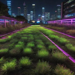 Grass in an Electropunk city as vibrant patches emitting neon light, often bearing a digital appearance, and subtly influenced by the city's electronic energy