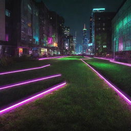 Grass in an Electropunk city as vibrant patches emitting neon light, often bearing a digital appearance, and subtly influenced by the city's electronic energy