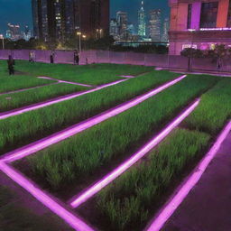 Grass in an Electropunk city as vibrant patches emitting neon light, often bearing a digital appearance, and subtly influenced by the city's electronic energy