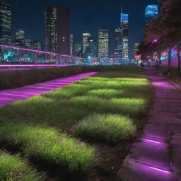 Grass in an Electropunk city as vibrant patches emitting neon light, often bearing a digital appearance, and subtly influenced by the city's electronic energy