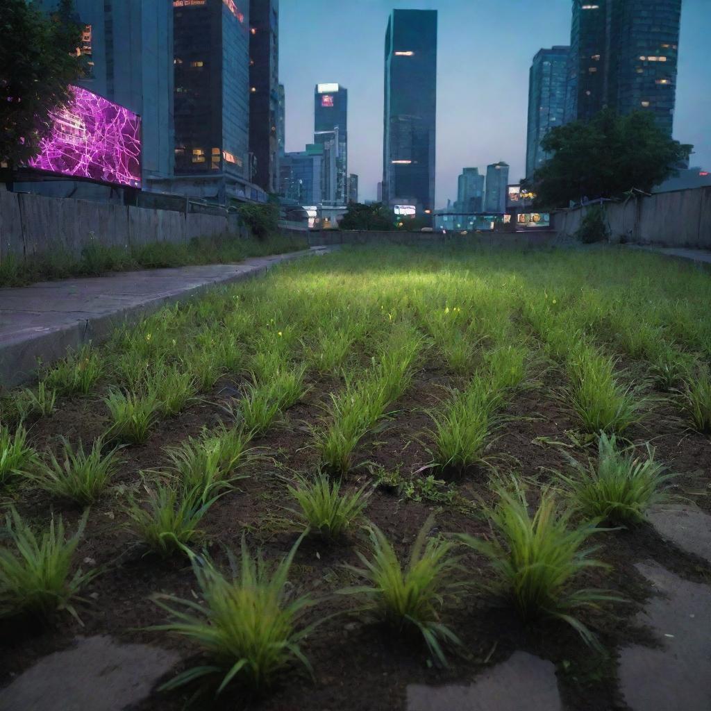 Grass in a Cyberpunk city: patches of genetically enhanced, resilient strains thriving amidst the concrete jungle, often illuminated by the neon glow from nearby digital billboards or streetlights