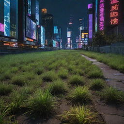 Grass in a Cyberpunk city: patches of genetically enhanced, resilient strains thriving amidst the concrete jungle, often illuminated by the neon glow from nearby digital billboards or streetlights