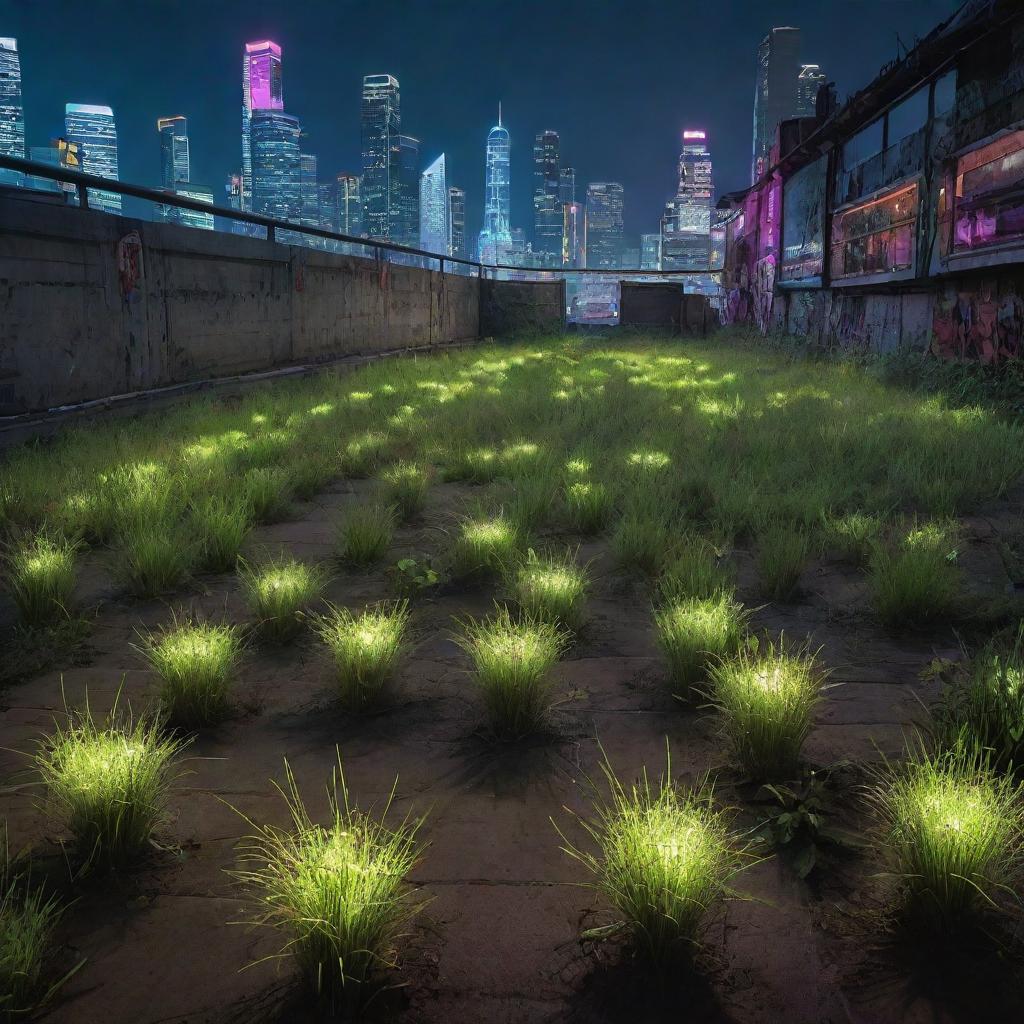 Grass in a Cyberpunk city: patches of genetically enhanced, resilient strains thriving amidst the concrete jungle, often illuminated by the neon glow from nearby digital billboards or streetlights