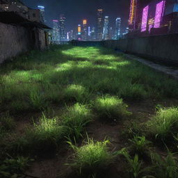 Grass in a Cyberpunk city: patches of genetically enhanced, resilient strains thriving amidst the concrete jungle, often illuminated by the neon glow from nearby digital billboards or streetlights