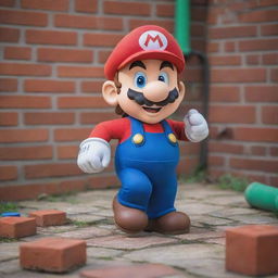 Super Mario, a popular video game character, in his signature red and blue outfit, striking a playful pose in a colorful world filled with brick blocks, green pipes, and mushroom power-ups