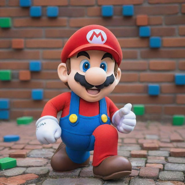 Super Mario, a popular video game character, in his signature red and blue outfit, striking a playful pose in a colorful world filled with brick blocks, green pipes, and mushroom power-ups