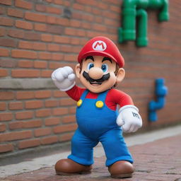 Super Mario, a popular video game character, in his signature red and blue outfit, striking a playful pose in a colorful world filled with brick blocks, green pipes, and mushroom power-ups