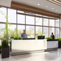 An inviting office reception area with comfortable seating, a glossy reception desk with friendly staff, modern artwork on the walls, plants for a natural element, and plenty of natural light coming in through large windows.