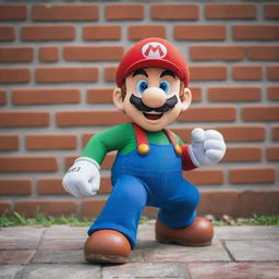 Super Mario, a popular video game character, in his signature red and blue outfit, striking a playful pose in a colorful world filled with brick blocks, green pipes, and mushroom power-ups