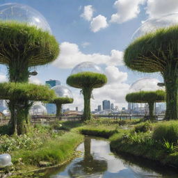 Grass in an Airpunk city, growing atop floating islands, thriving in open-air gardens or inside transparent bio-domes, under the open, cloud-filled sky