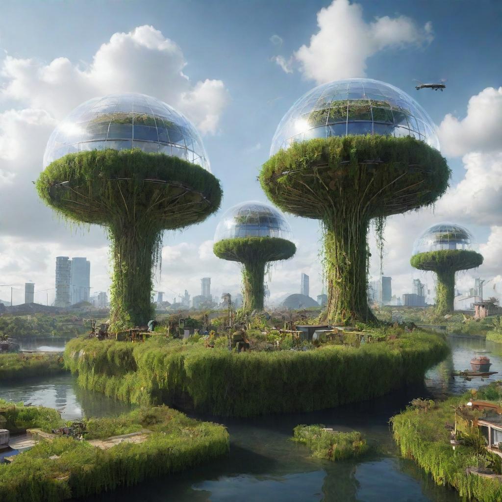 Grass in an Airpunk city, growing atop floating islands, thriving in open-air gardens or inside transparent bio-domes, under the open, cloud-filled sky