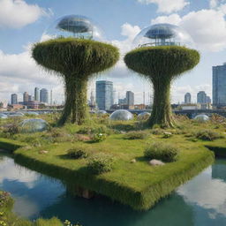 Grass in an Airpunk city, growing atop floating islands, thriving in open-air gardens or inside transparent bio-domes, under the open, cloud-filled sky