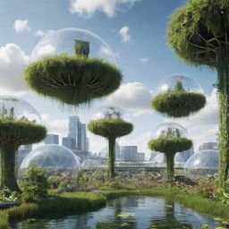 Grass in an Airpunk city, growing atop floating islands, thriving in open-air gardens or inside transparent bio-domes, under the open, cloud-filled sky