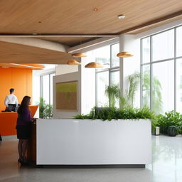 An inviting office reception area with comfortable seating, a glossy reception desk with friendly staff, modern artwork on the walls, plants for a natural element, and plenty of natural light coming in through large windows.