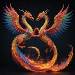 An astonishing fusion of a dragon and phoenix, intertwining in a graceful dance, their vibrant colors and extravagant details creating a breathtaking spectacle.