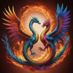 An astonishing fusion of a dragon and phoenix, intertwining in a graceful dance, their vibrant colors and extravagant details creating a breathtaking spectacle.