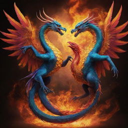 An astonishing fusion of a dragon and phoenix, intertwining in a graceful dance, their vibrant colors and extravagant details creating a breathtaking spectacle.