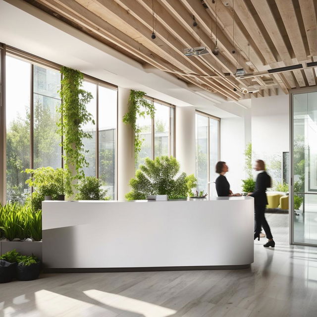 An inviting office reception area with comfortable seating, a glossy reception desk with friendly staff, modern artwork on the walls, plants for a natural element, and plenty of natural light coming in through large windows.