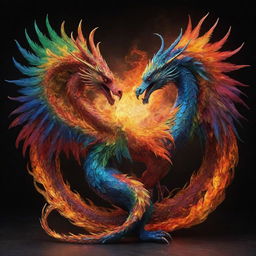 An astonishing fusion of a dragon and phoenix, intertwining in a graceful dance, their vibrant colors and extravagant details creating a breathtaking spectacle.