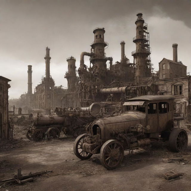 A ruined Steampunk city, showcasing decaying buildings with remnants of 19th-century steam-powered machinery elements, rusty gears, and abandoned, aged steam vehicles against a backdrop of a desolate, sepia-tinged skyline