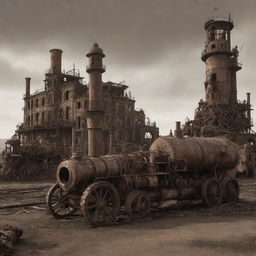 A ruined Steampunk city, showcasing decaying buildings with remnants of 19th-century steam-powered machinery elements, rusty gears, and abandoned, aged steam vehicles against a backdrop of a desolate, sepia-tinged skyline