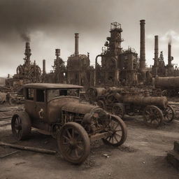 A ruined Steampunk city, showcasing decaying buildings with remnants of 19th-century steam-powered machinery elements, rusty gears, and abandoned, aged steam vehicles against a backdrop of a desolate, sepia-tinged skyline