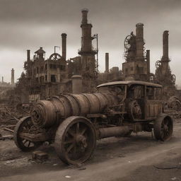 A ruined Steampunk city, showcasing decaying buildings with remnants of 19th-century steam-powered machinery elements, rusty gears, and abandoned, aged steam vehicles against a backdrop of a desolate, sepia-tinged skyline