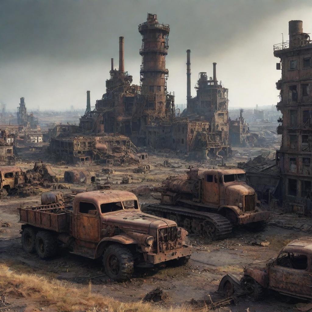 A ruined Dieselpunk city, showcasing decaying diesel-based machinery, rusted gears, abandoned tanks and vehicles, against a backdrop of a desolate cityscape