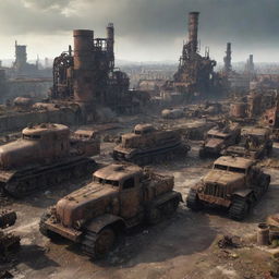 A ruined Dieselpunk city, showcasing decaying diesel-based machinery, rusted gears, abandoned tanks and vehicles, against a backdrop of a desolate cityscape