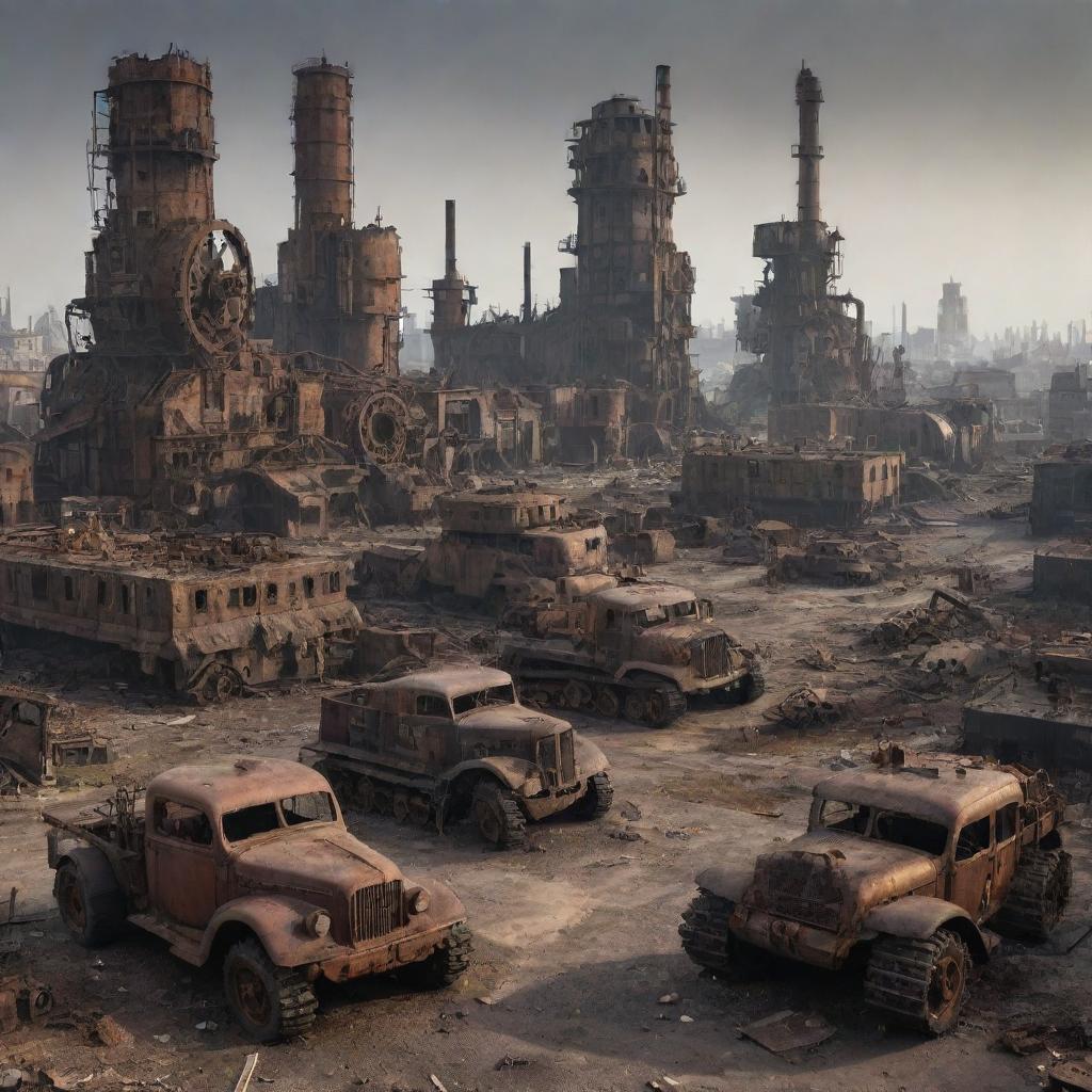 A ruined Dieselpunk city, showcasing decaying diesel-based machinery, rusted gears, abandoned tanks and vehicles, against a backdrop of a desolate cityscape