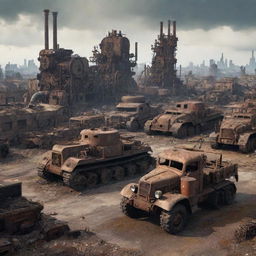 A ruined Dieselpunk city, showcasing decaying diesel-based machinery, rusted gears, abandoned tanks and vehicles, against a backdrop of a desolate cityscape