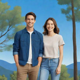 A stylized illustration of two friends, a male and a female, standing together, smiling, wearing casual outfits, in an outdoor setting with trees and blue sky.