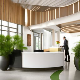 An inviting office reception area with comfortable seating, a glossy reception desk with friendly staff, modern artwork on the walls, plants for a natural element, and plenty of natural light coming in through large windows.