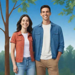 A stylized illustration of two friends, a male and a female, standing together, smiling, wearing casual outfits, in an outdoor setting with trees and blue sky.