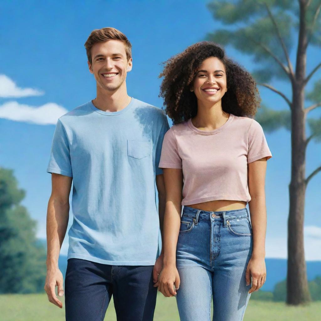 A stylized illustration of two friends, a male and a female, standing together, smiling, wearing casual outfits, in an outdoor setting with trees and blue sky.