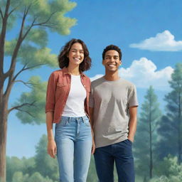 A stylized illustration of two friends, a male and a female, standing together, smiling, wearing casual outfits, in an outdoor setting with trees and blue sky.