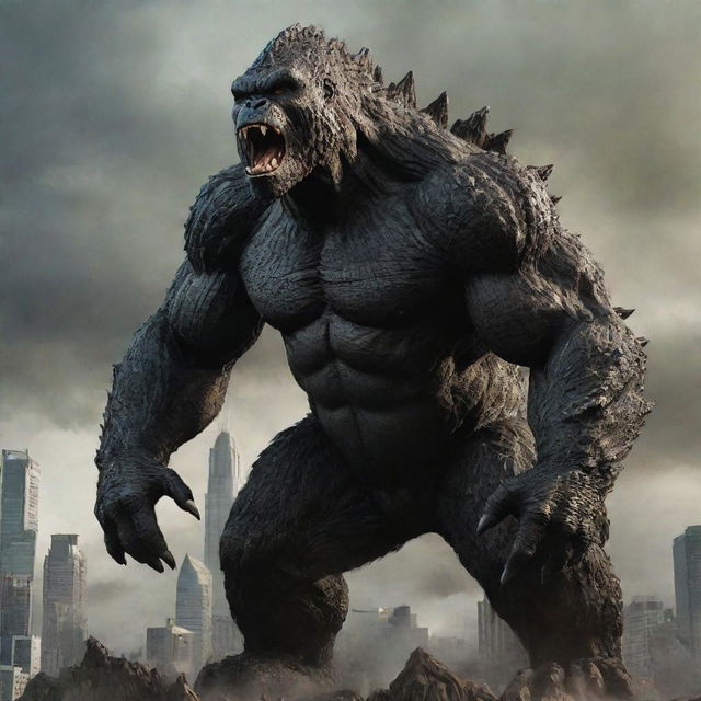 Imagine a powerful fusion of Godzilla and King Kong, combining the distinctive features of both, such as Godzilla's towering and scaled body with King Kong's muscular form and primate features, in a dynamic and spectacular pose.