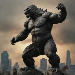 Imagine a powerful fusion of Godzilla and King Kong, combining the distinctive features of both, such as Godzilla's towering and scaled body with King Kong's muscular form and primate features, in a dynamic and spectacular pose.