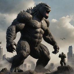 Imagine a powerful fusion of Godzilla and King Kong, combining the distinctive features of both, such as Godzilla's towering and scaled body with King Kong's muscular form and primate features, in a dynamic and spectacular pose.