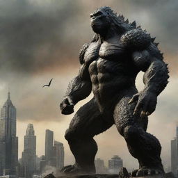 Imagine a powerful fusion of Godzilla and King Kong, combining the distinctive features of both, such as Godzilla's towering and scaled body with King Kong's muscular form and primate features, in a dynamic and spectacular pose.