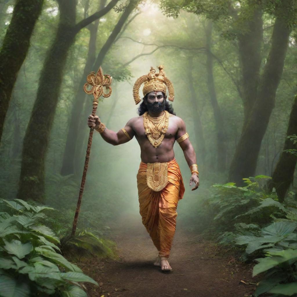 Hindu God Ram walking through a lush, tranquil forest, his divine aura illuminating the surrounding foliage