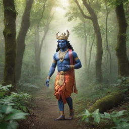 Hindu God Ram walking through a lush, tranquil forest, his divine aura illuminating the surrounding foliage