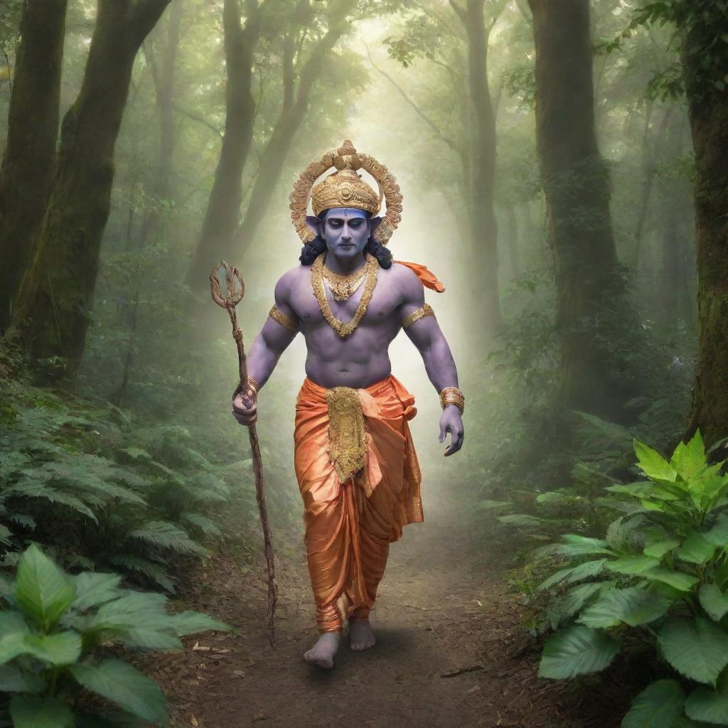 Hindu God Ram walking through a lush, tranquil forest, his divine aura illuminating the surrounding foliage